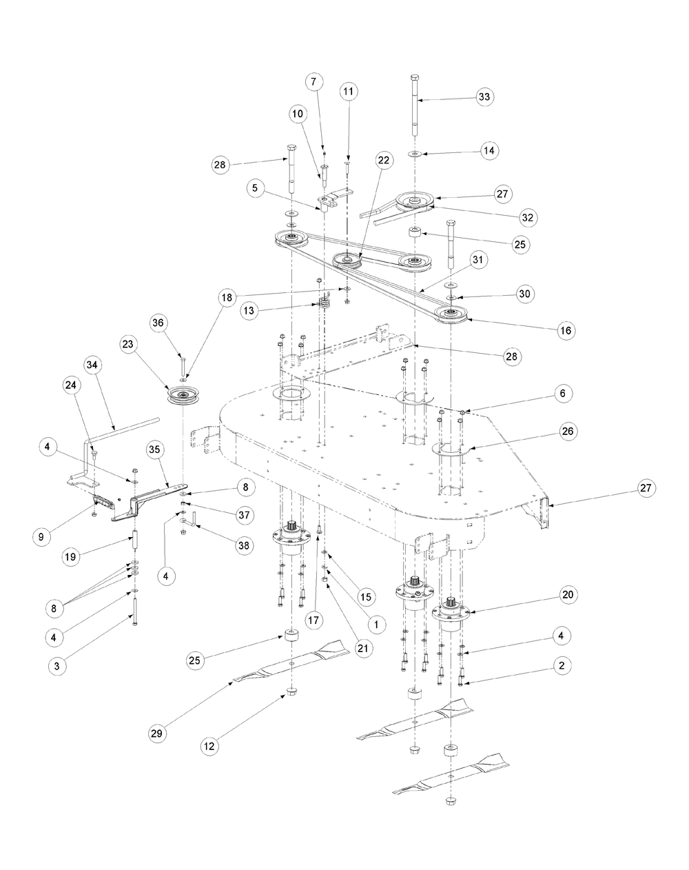 Fabricated Deck Spindle Assembly 60-Inch Diagram and Parts List for M60-CT 53AB5JEX750-28-HP-3Cylinder-OHV Cub Cadet Lawn Tractor